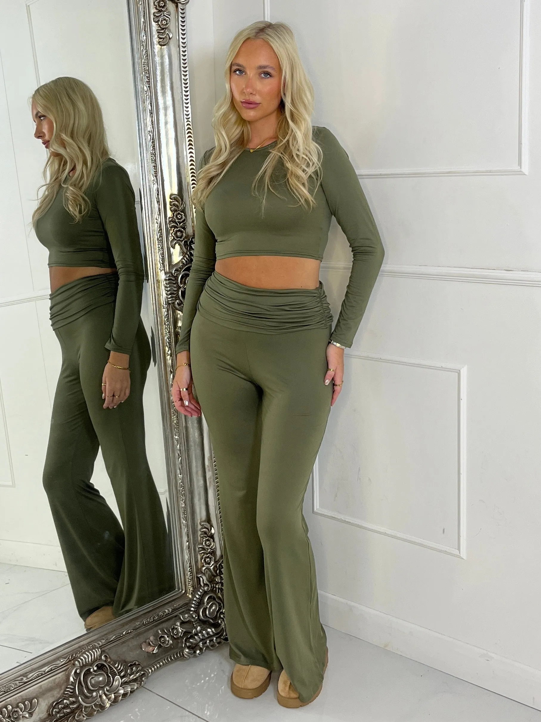 Long Sleeve Top & Fold Over Flared Co-ord - Khaki