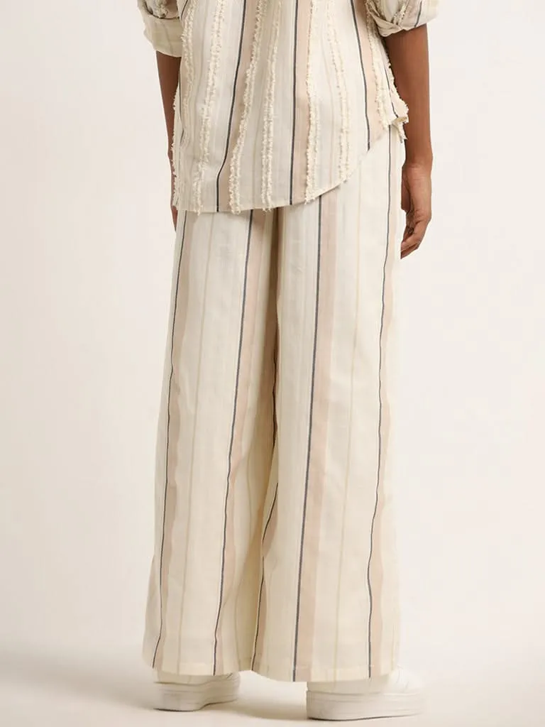 LOV Off-White Stripe Printed Mid Rise Flared Pants