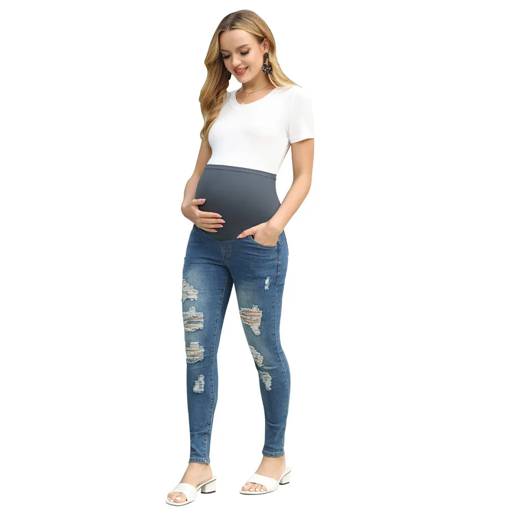 Maacie Black Women Maternity Scratched Jeans High Waist Whole Pregnancy Denim Pants