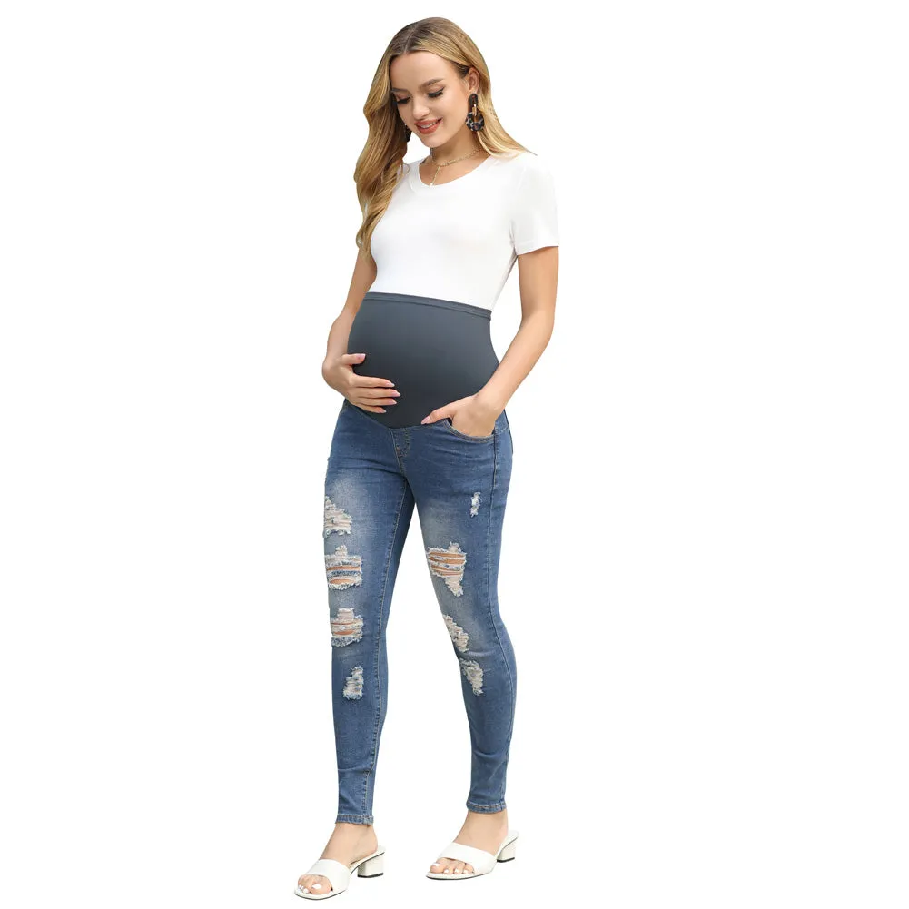 Maacie Black Women Maternity Scratched Jeans High Waist Whole Pregnancy Denim Pants