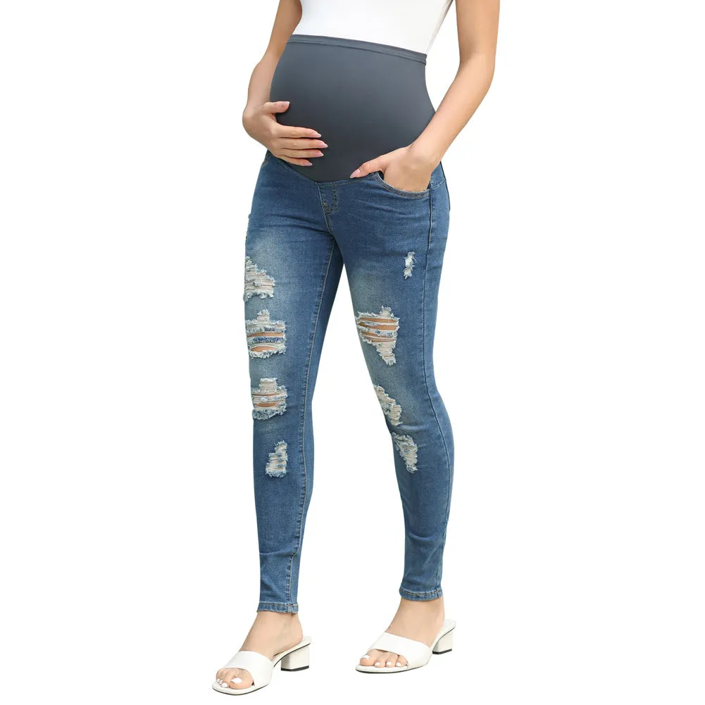 Maacie Black Women Maternity Scratched Jeans High Waist Whole Pregnancy Denim Pants