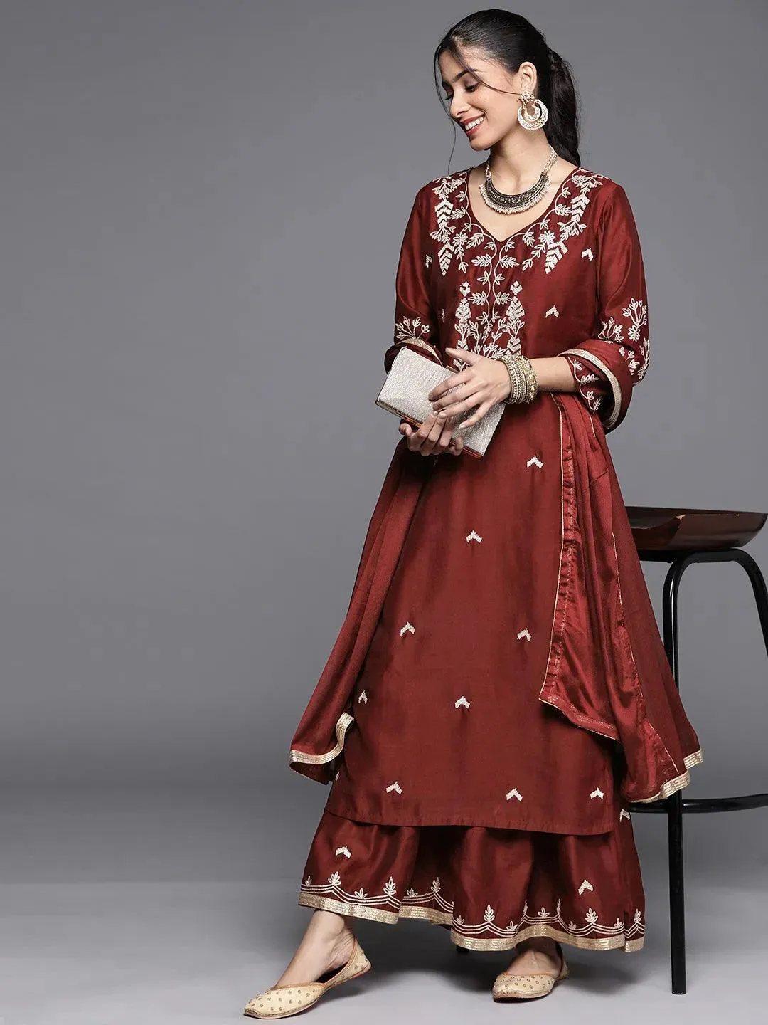 Maroon Embroidered Chanderi Silk Straight Kurta With Sharara & Dupatta