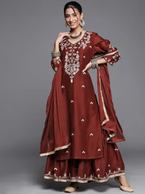 Maroon Embroidered Chanderi Silk Straight Kurta With Sharara & Dupatta