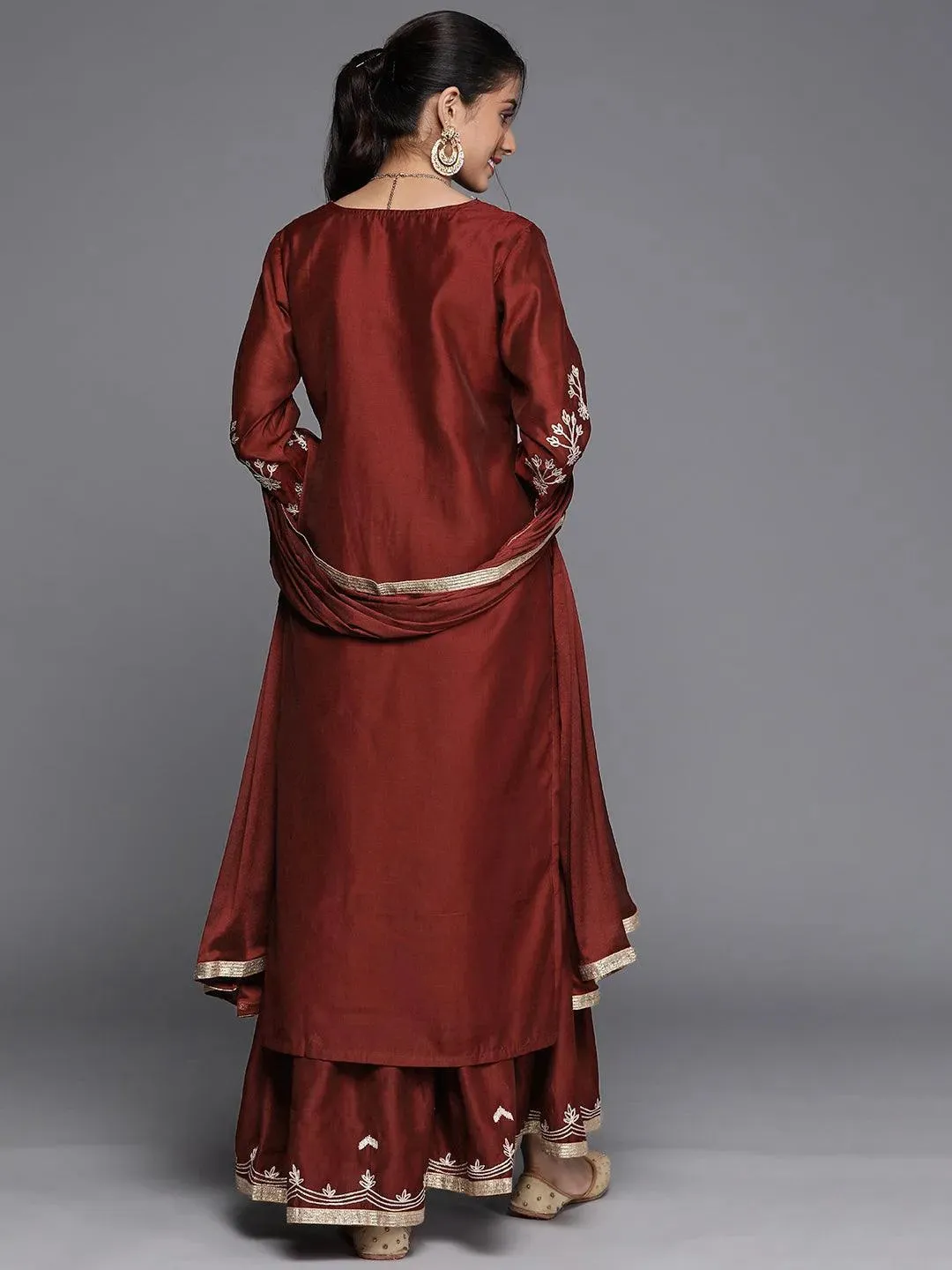 Maroon Embroidered Chanderi Silk Straight Kurta With Sharara & Dupatta