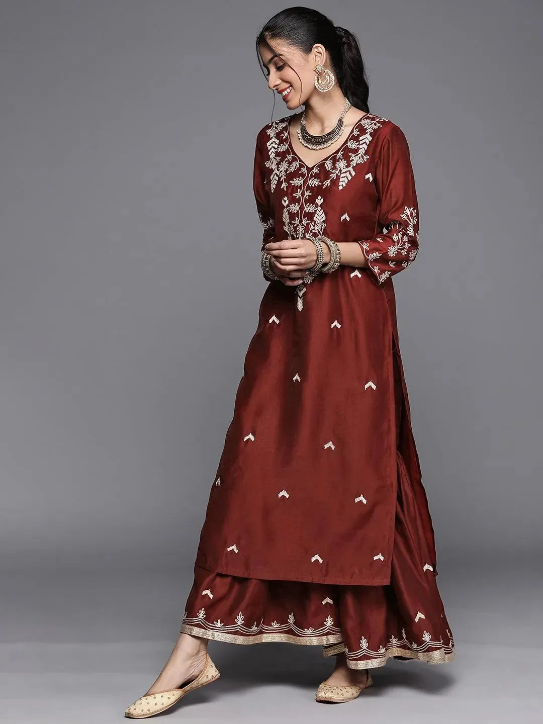 Maroon Embroidered Chanderi Silk Straight Kurta With Sharara & Dupatta