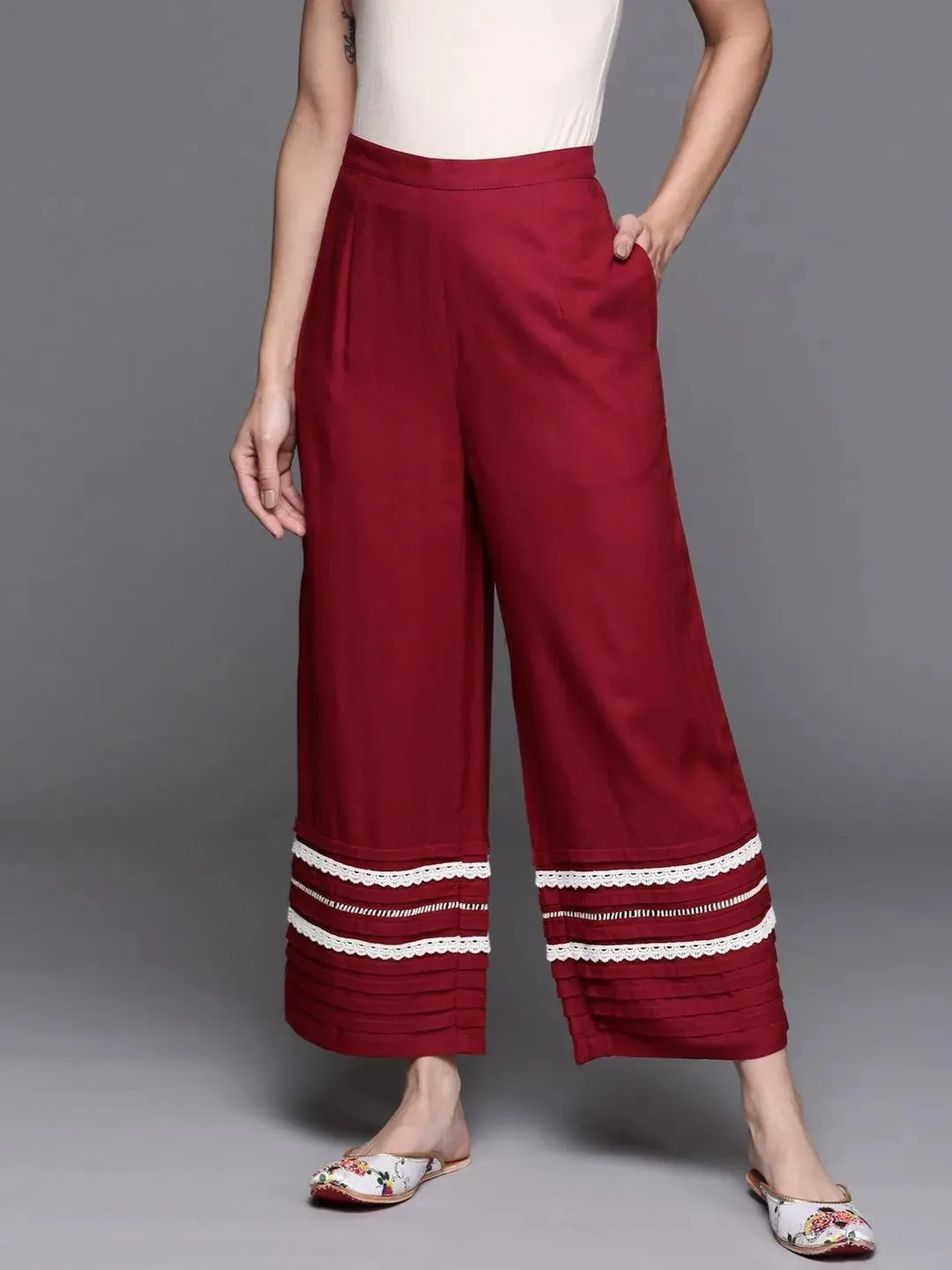 Maroon Hem Design Rayon Palazzos