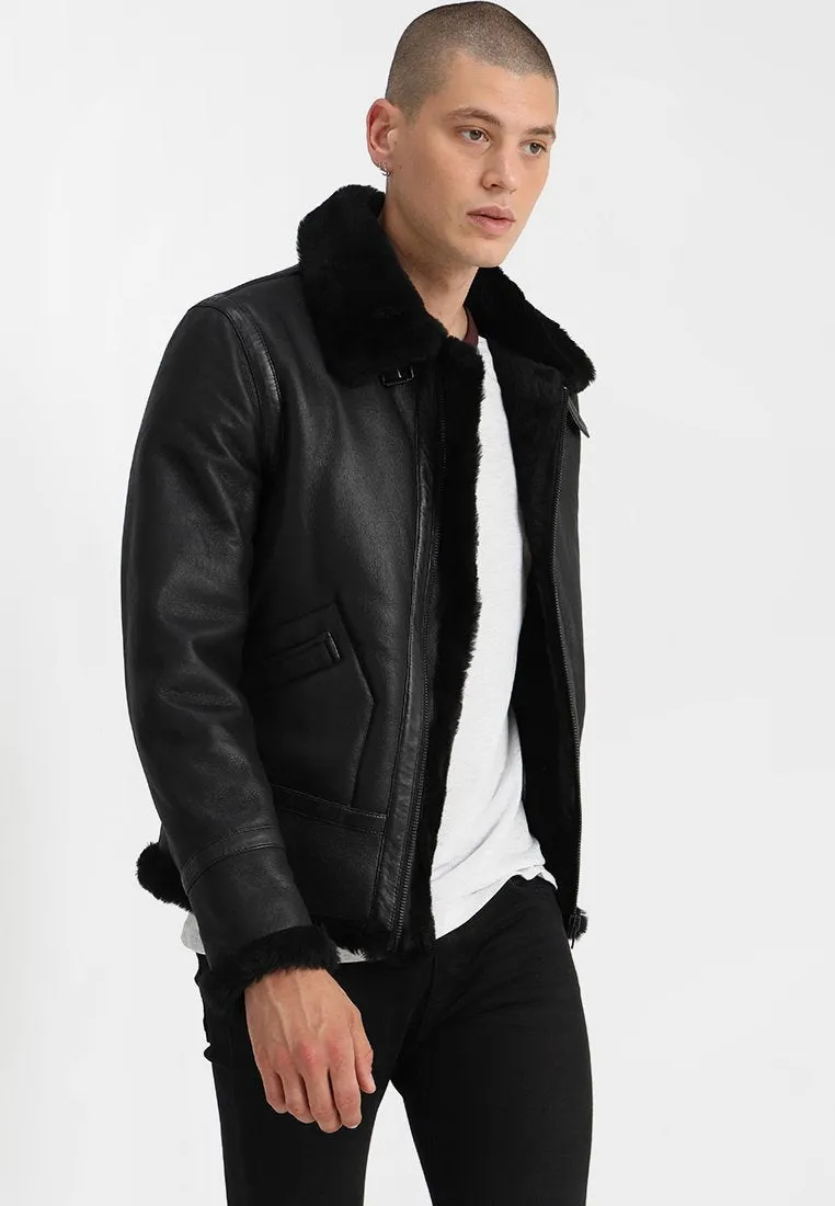 Men's Aviator Black Leather Shearling Jacket