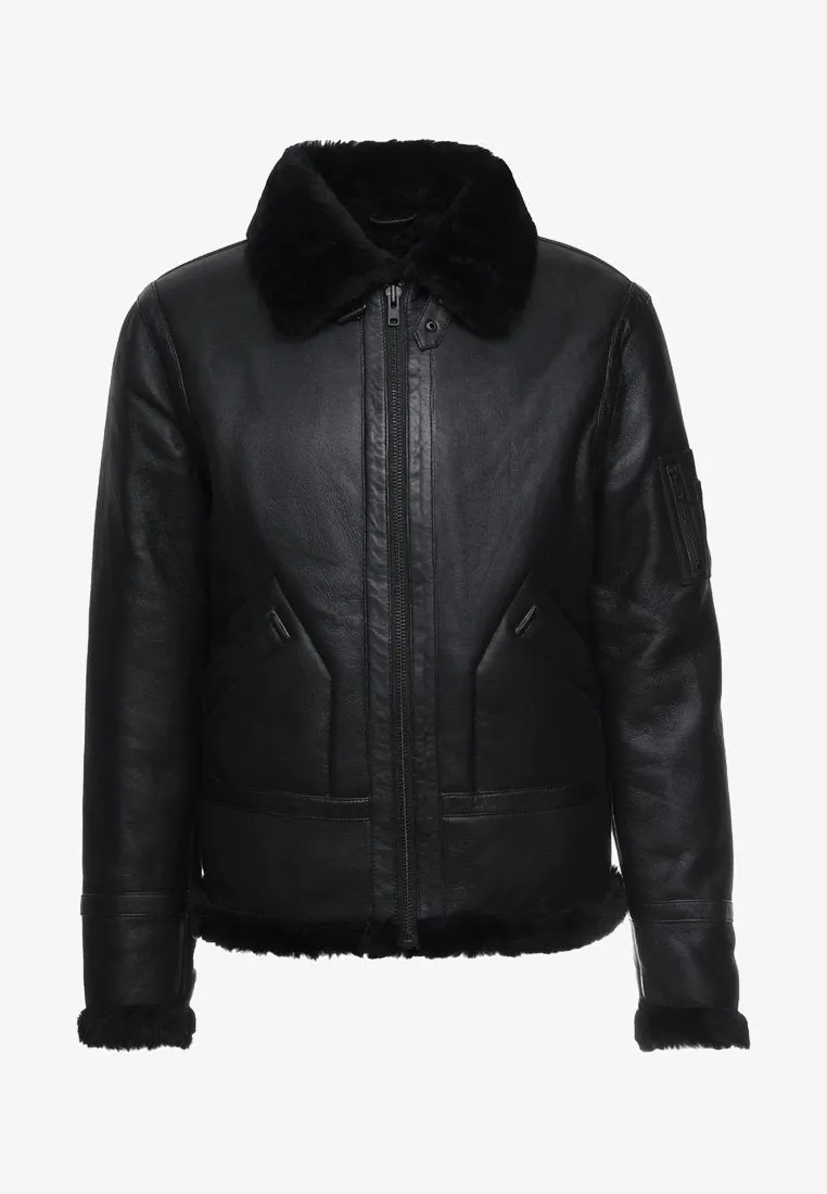 Men's Aviator Black Leather Shearling Jacket