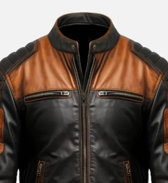 Men's Black & Tan Brown Biker Leather Jacket