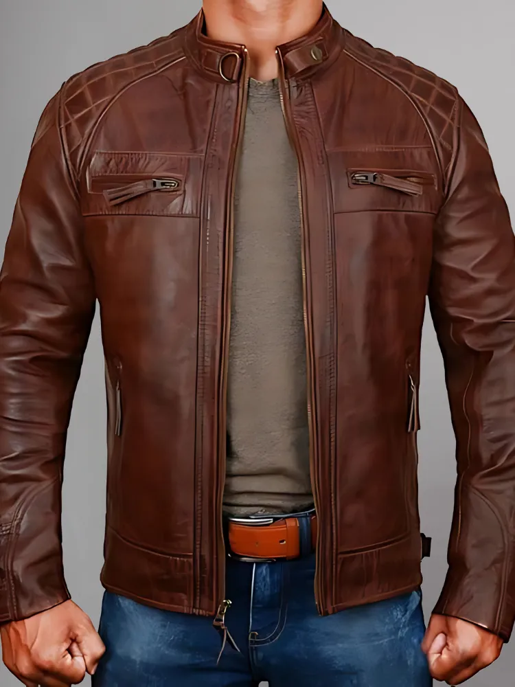 Mens Black and Maroon Quilted Cafe Racer Leather Jacket