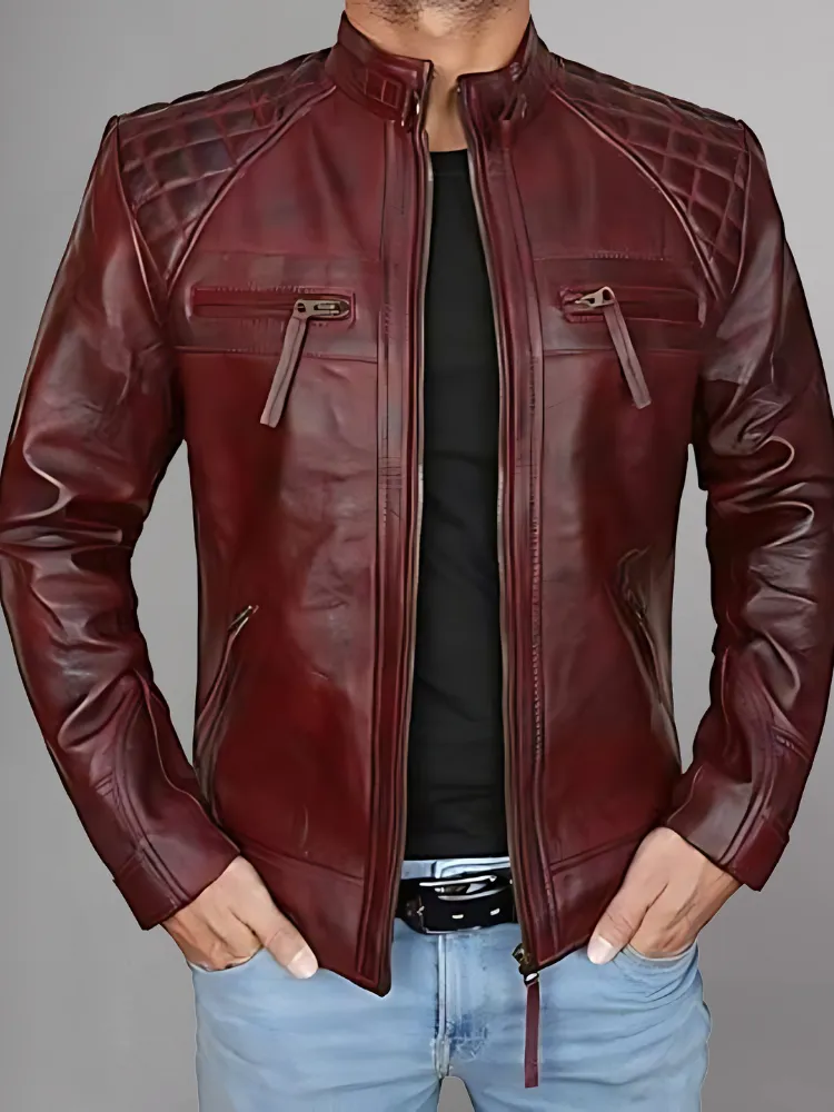 Mens Black and Maroon Quilted Cafe Racer Leather Jacket