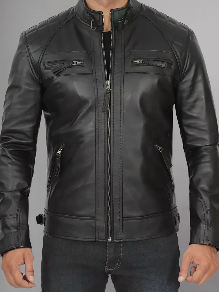 Mens Black and Maroon Quilted Cafe Racer Leather Jacket