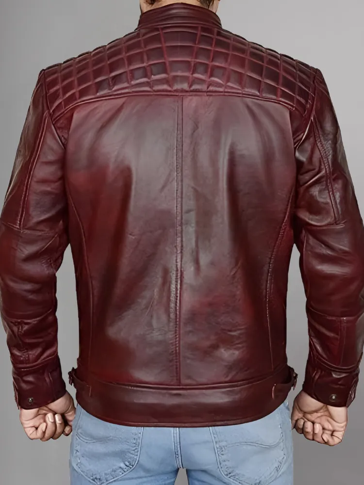 Mens Black and Maroon Quilted Cafe Racer Leather Jacket