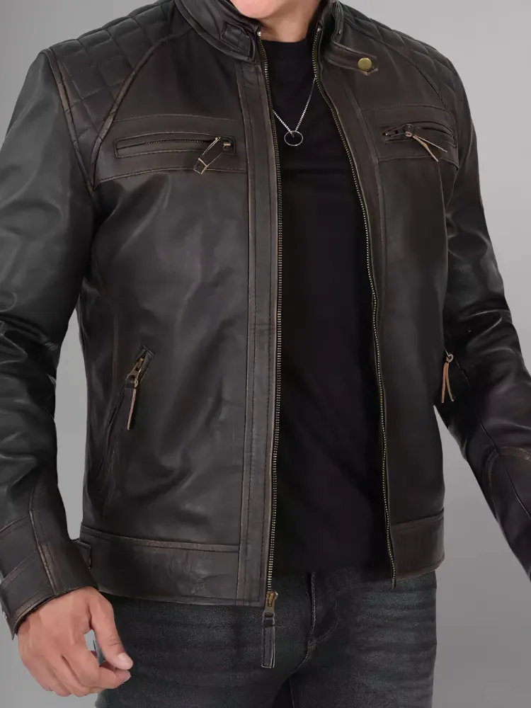 Mens Black and Maroon Quilted Cafe Racer Leather Jacket