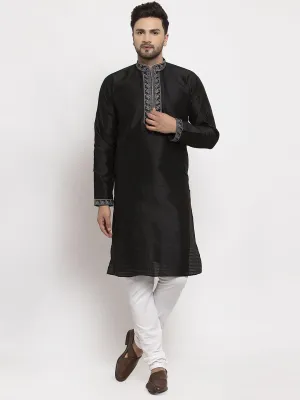 Men's Black Yoke Design Solid Kurta With White Churidaar Pyjama - Benstoke