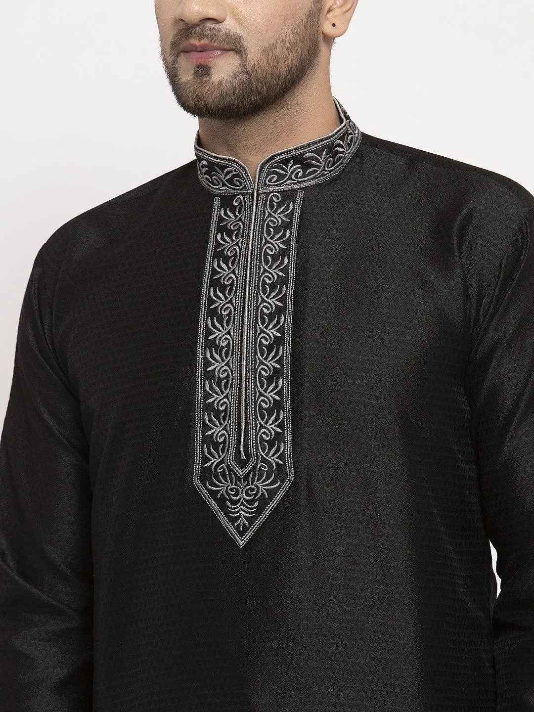 Men's Black Yoke Design Solid Kurta With White Churidaar Pyjama - Benstoke