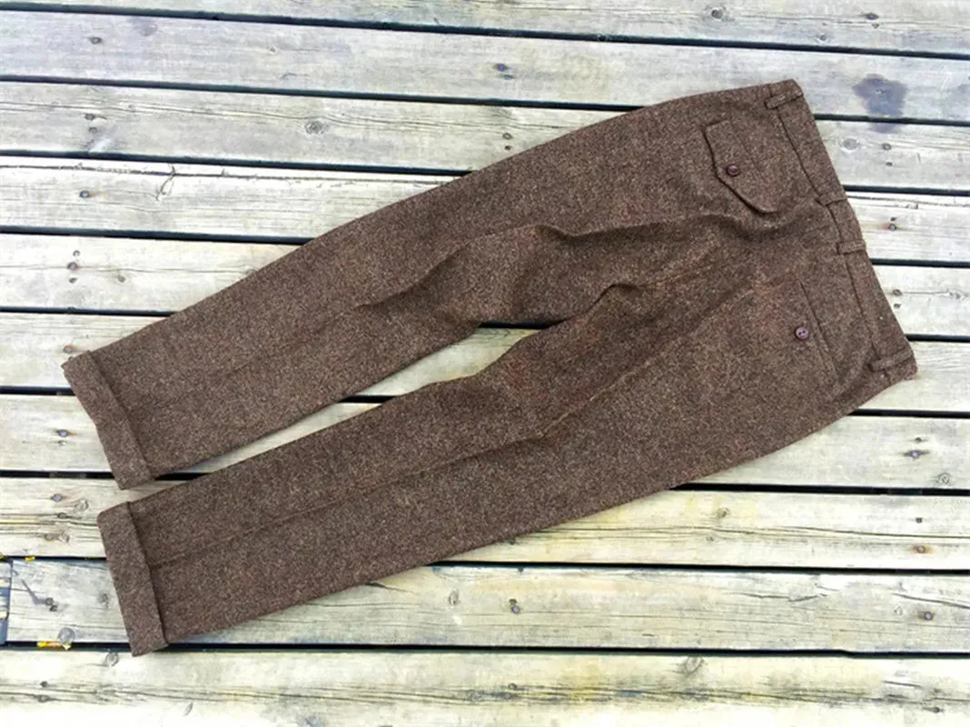 Men's Brown Tweed Straight High Waist Pants - Classic Designer Amekaji Trousers