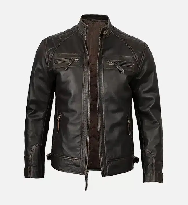 Men's Cafe Racer Distressed Brown Leather Jacket