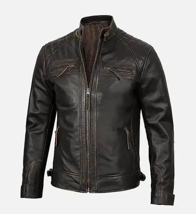 Men's Cafe Racer Distressed Brown Leather Jacket