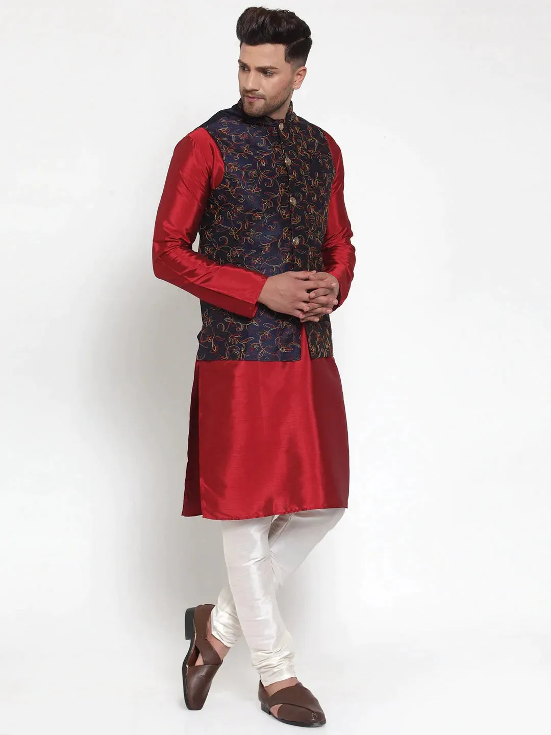 Men'S Navy Embroidered Nehru Jacket