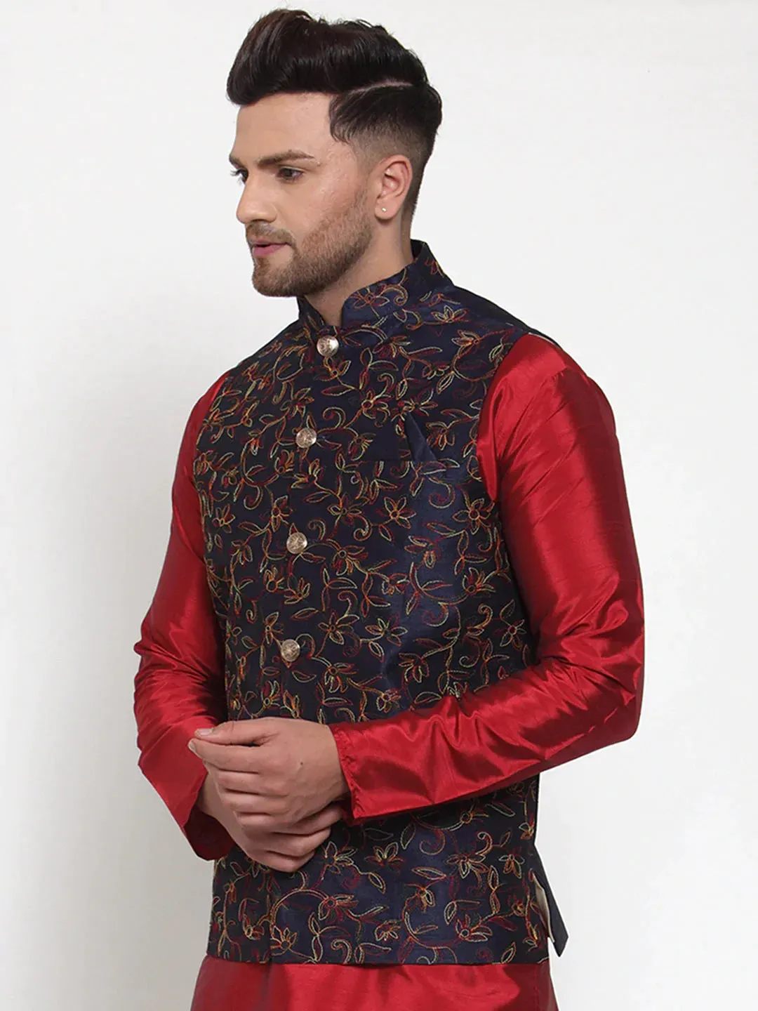 Men'S Navy Embroidered Nehru Jacket