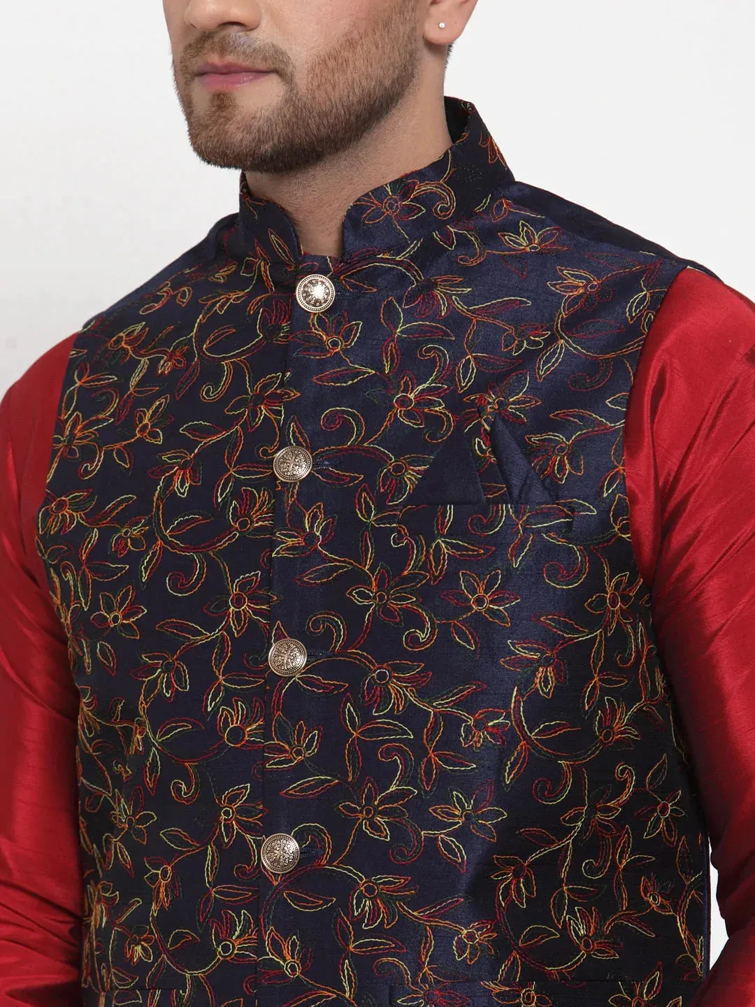 Men'S Navy Embroidered Nehru Jacket