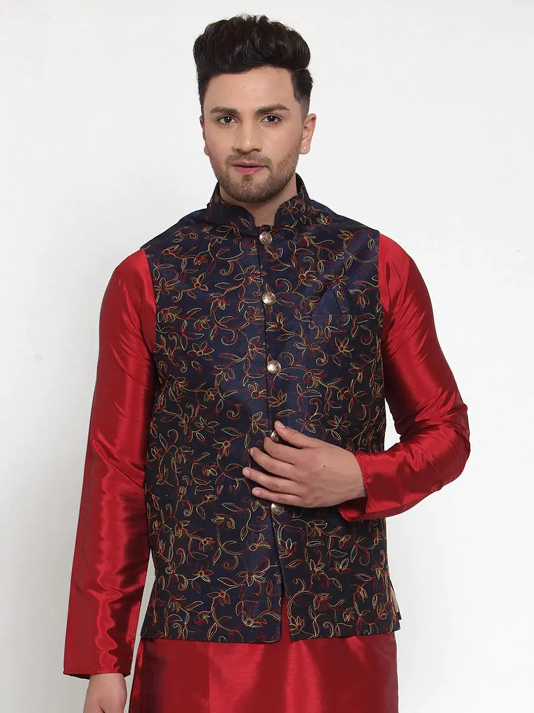 Men'S Navy Embroidered Nehru Jacket