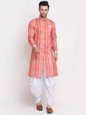 Men's Orange & Beige Printed Kurta With White Dhoti Pant - Benstoke