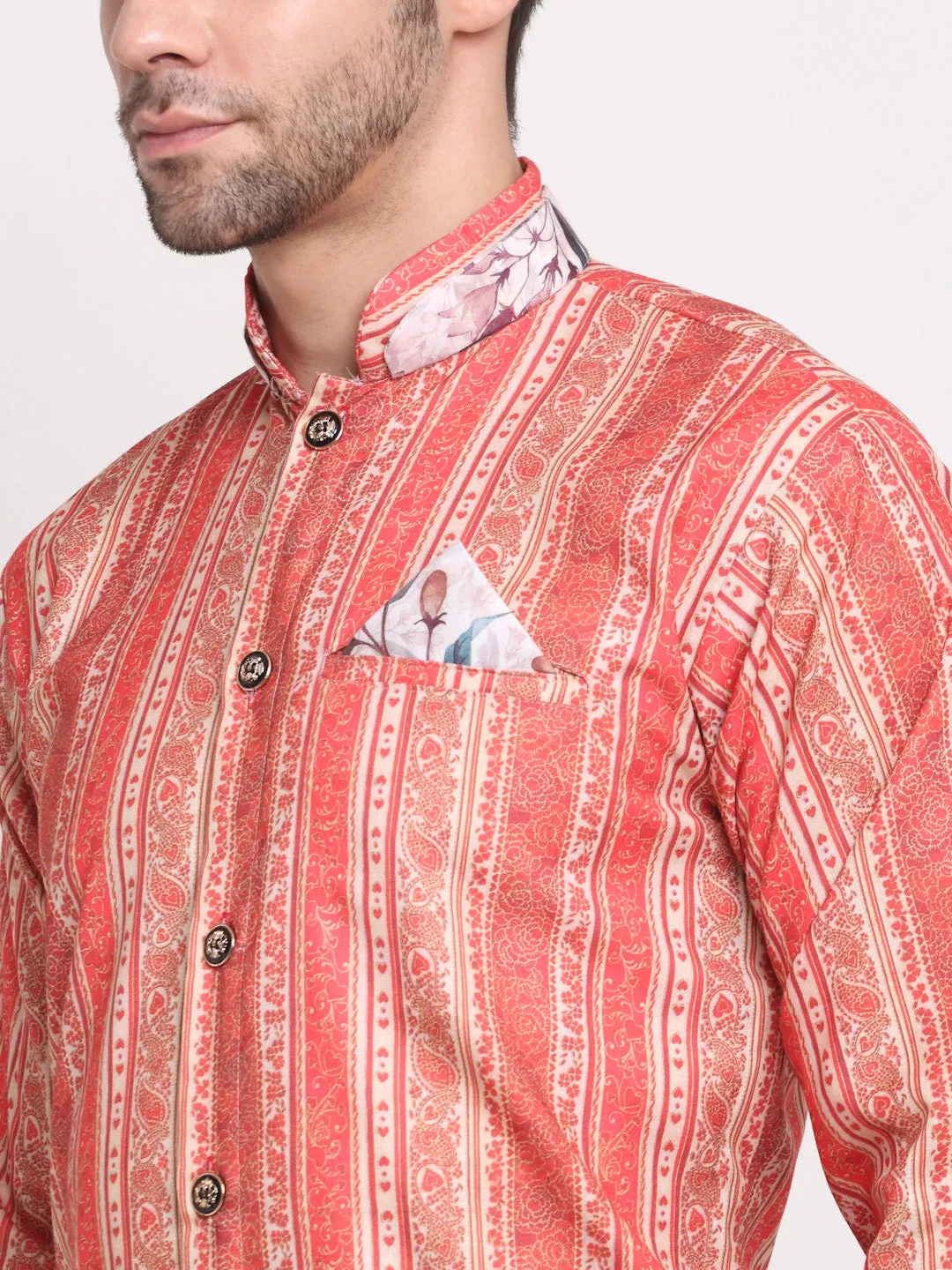 Men's Orange & Beige Printed Kurta With White Dhoti Pant - Benstoke