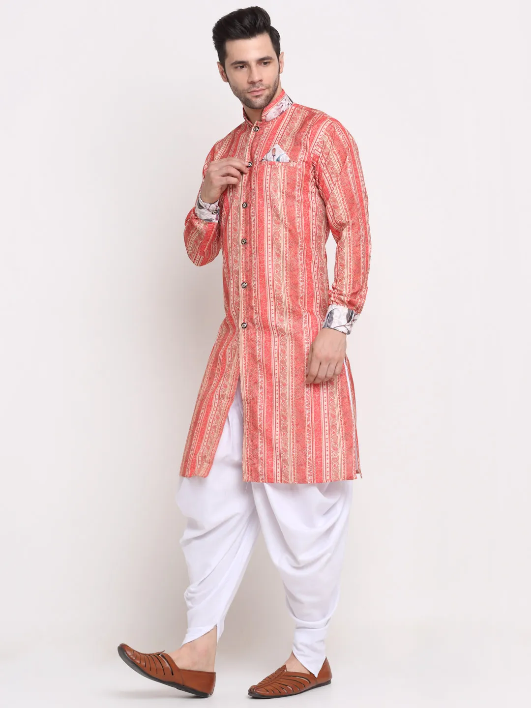 Men's Orange & Beige Printed Kurta With White Dhoti Pant - Benstoke