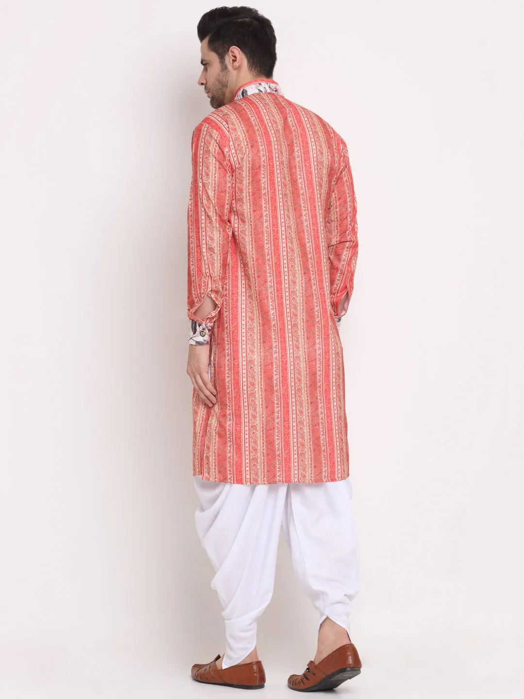 Men's Orange & Beige Printed Kurta With White Dhoti Pant - Benstoke