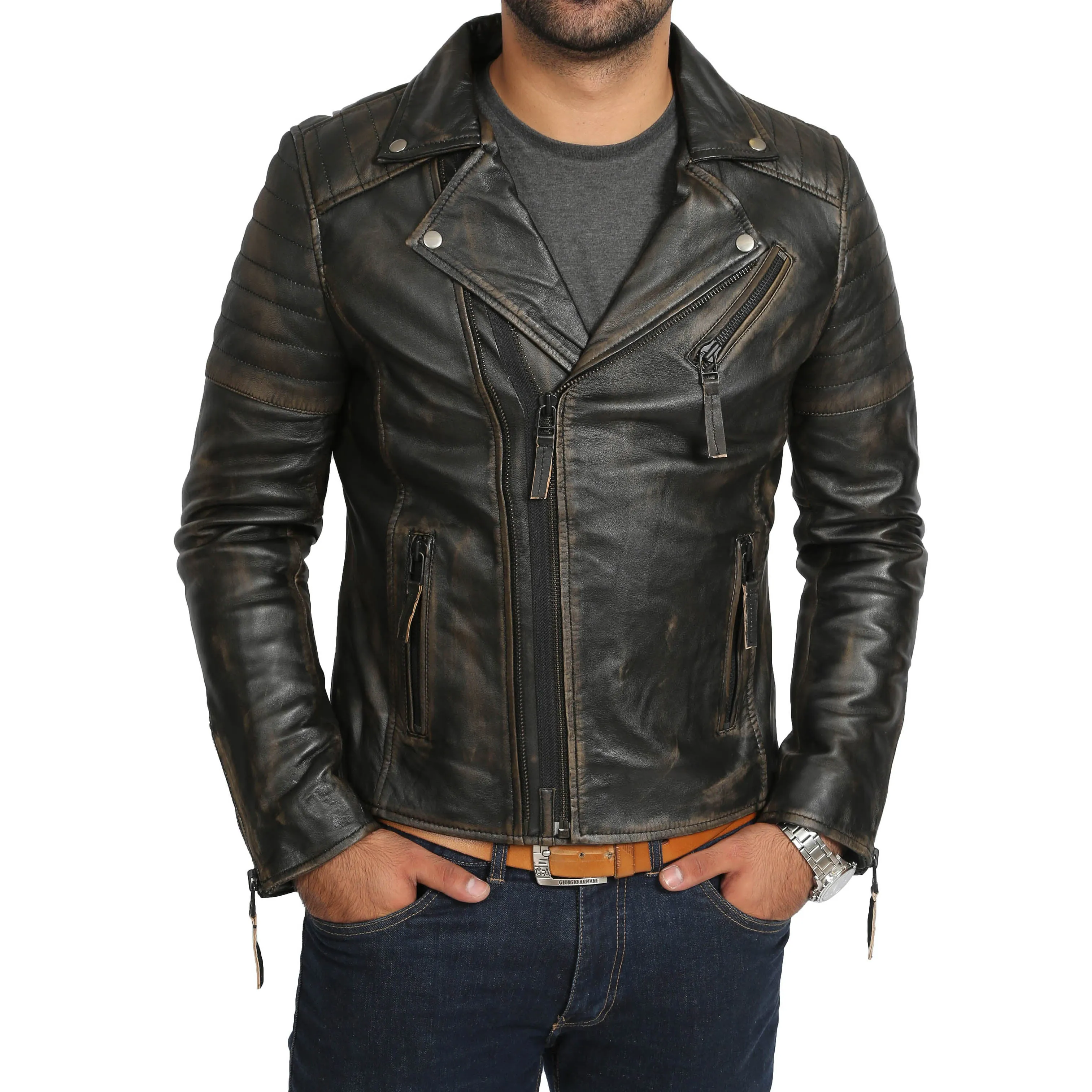 Mens Real Leather Biker Jacket Black Slim Fit Max Rub Off