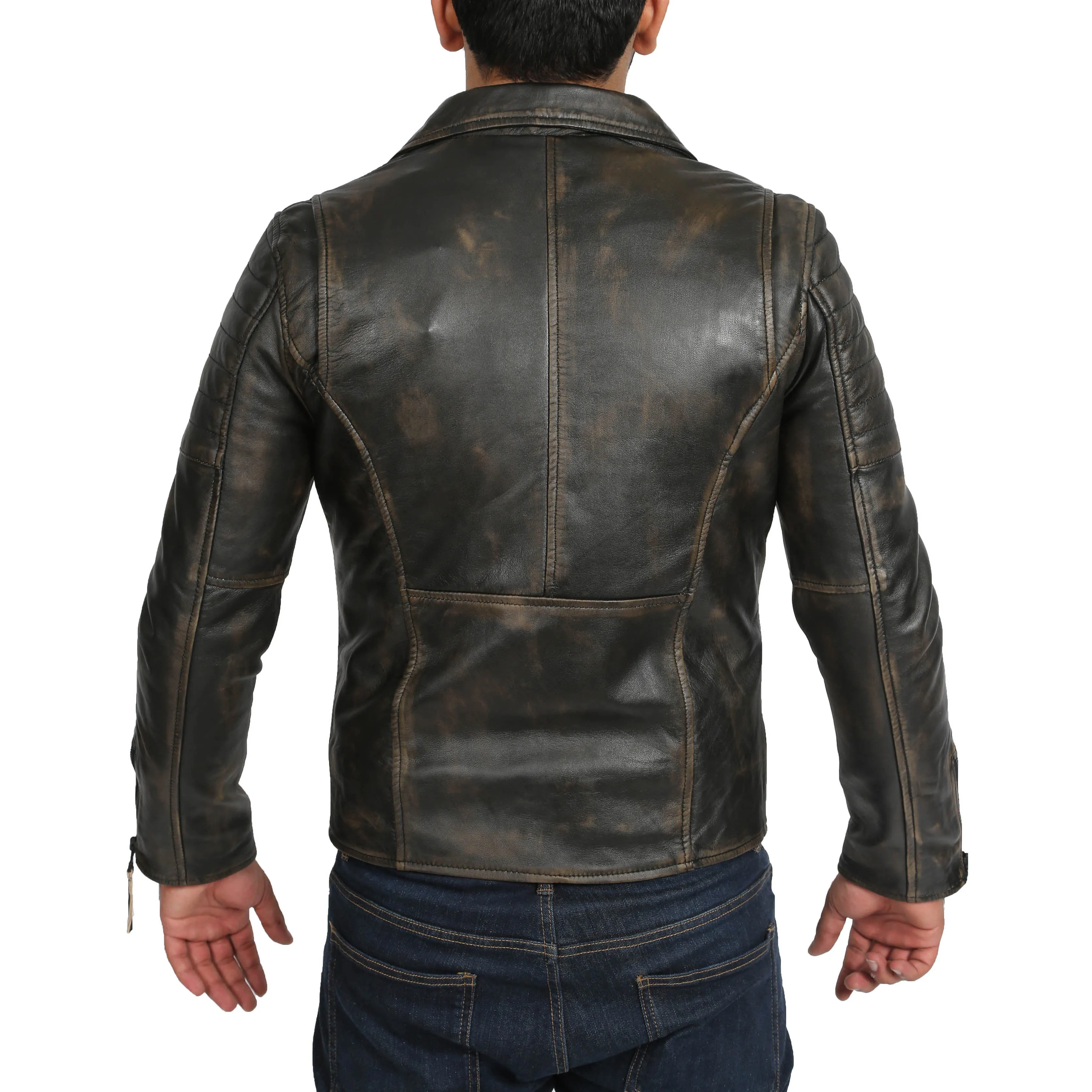 Mens Real Leather Biker Jacket Black Slim Fit Max Rub Off