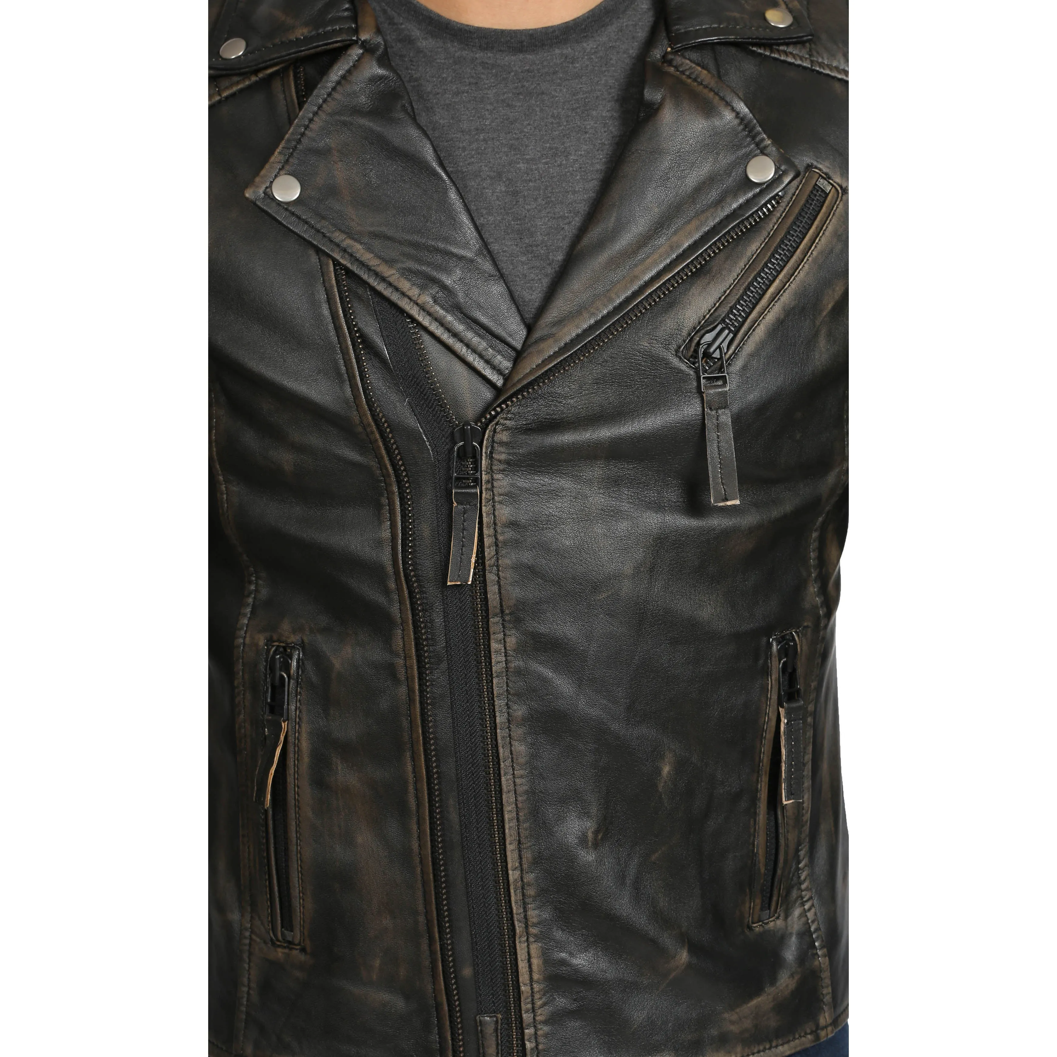 Mens Real Leather Biker Jacket Black Slim Fit Max Rub Off