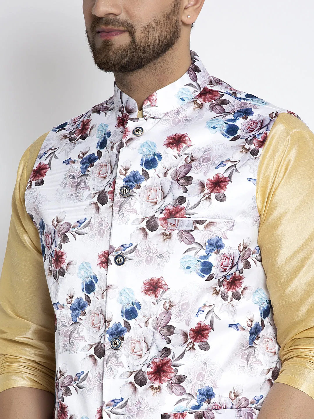 Men's Silk Blend Gold Kurta With Pyjama & White Printed Nehru Jacket - Benstoke