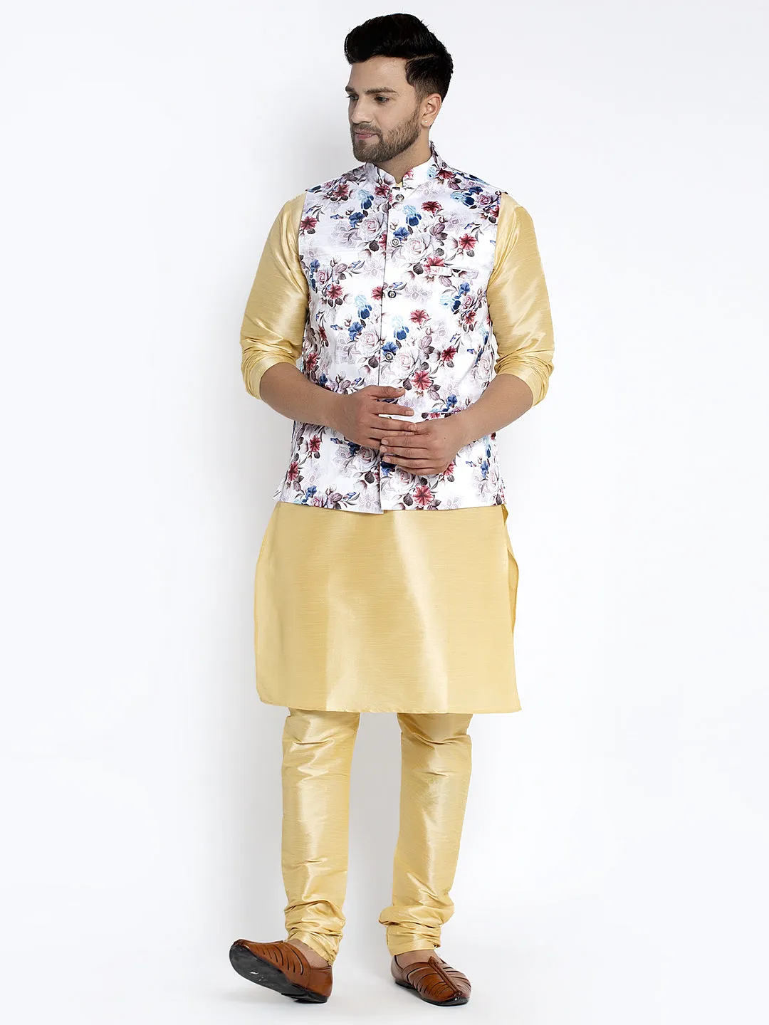 Men's Silk Blend Gold Kurta With Pyjama & White Printed Nehru Jacket - Benstoke