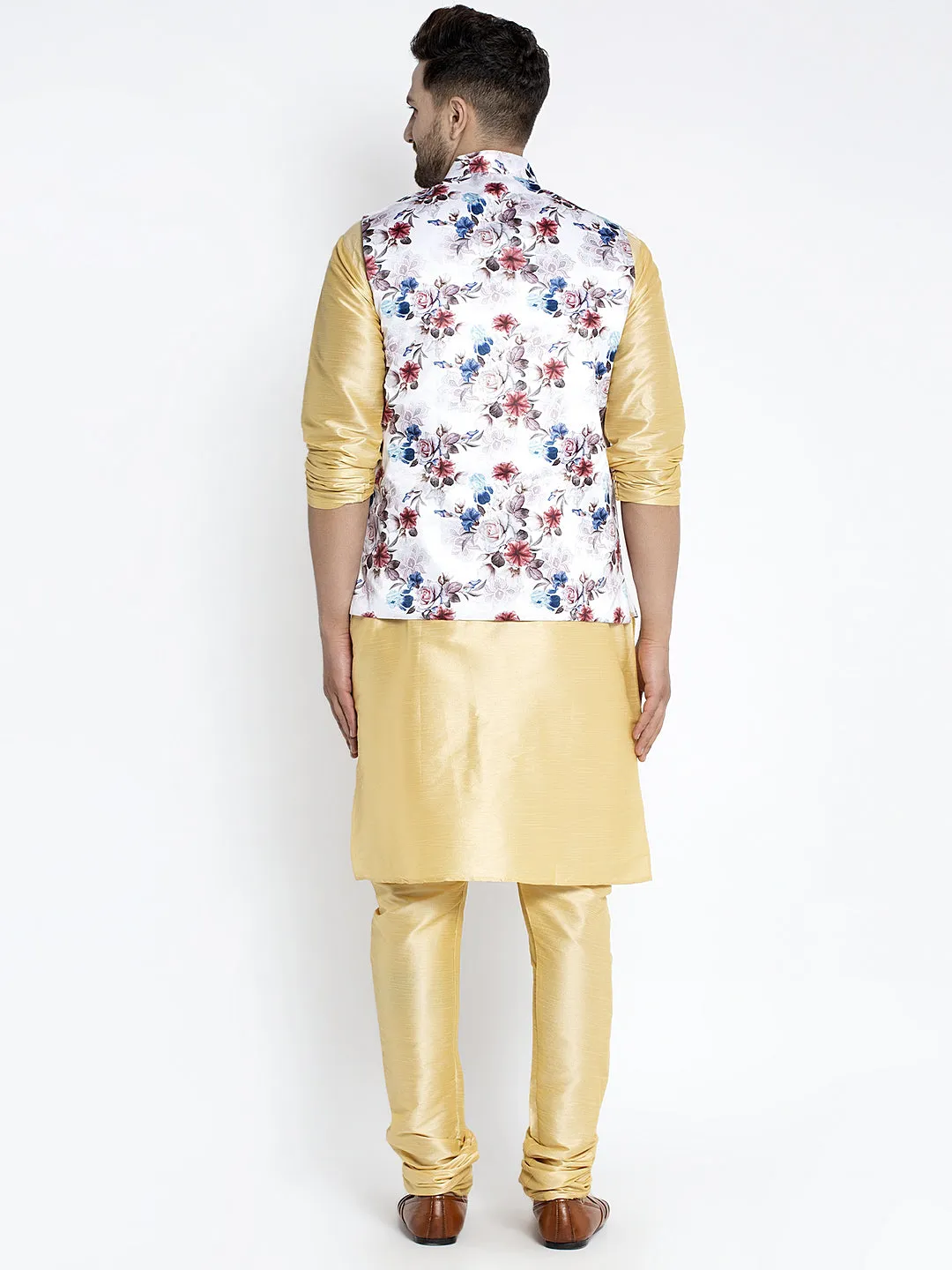 Men's Silk Blend Gold Kurta With Pyjama & White Printed Nehru Jacket - Benstoke