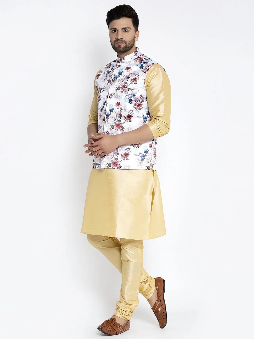 Men's Silk Blend Gold Kurta With Pyjama & White Printed Nehru Jacket - Benstoke