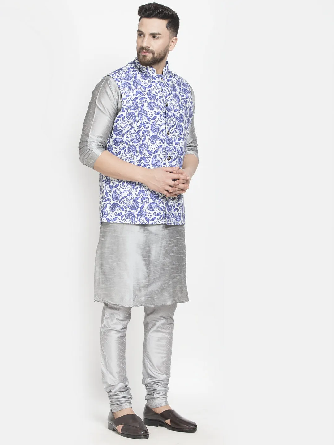 Men's Silk Blend Grey Kurta With Pyjama & Blue Printed Nehru Jacket - Benstoke