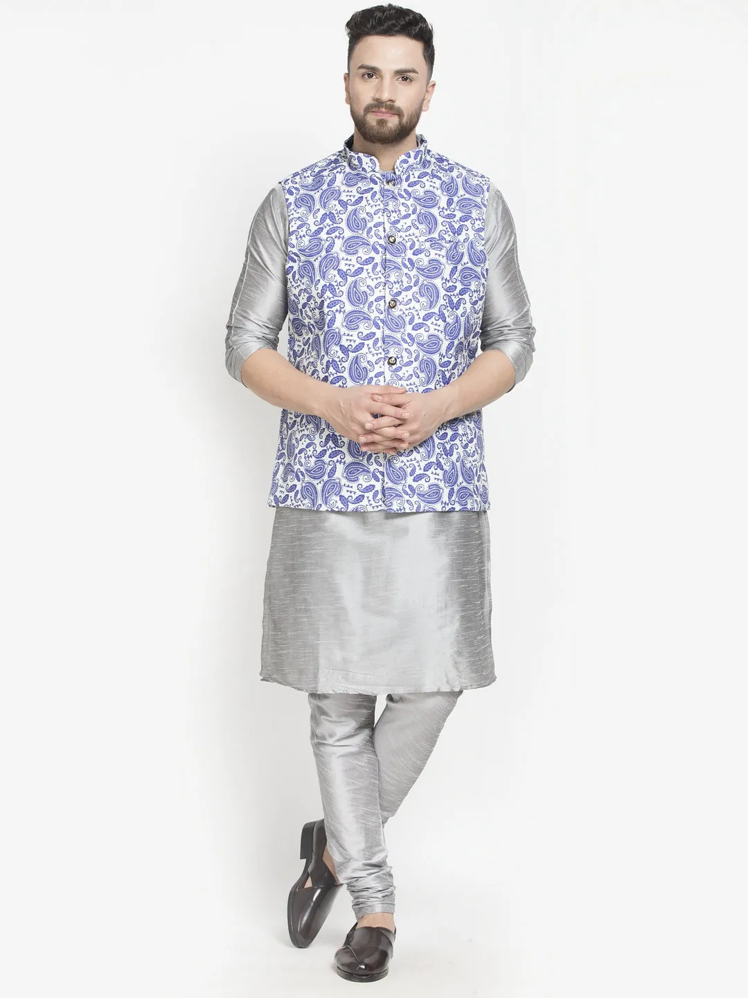 Men's Silk Blend Grey Kurta With Pyjama & Blue Printed Nehru Jacket - Benstoke