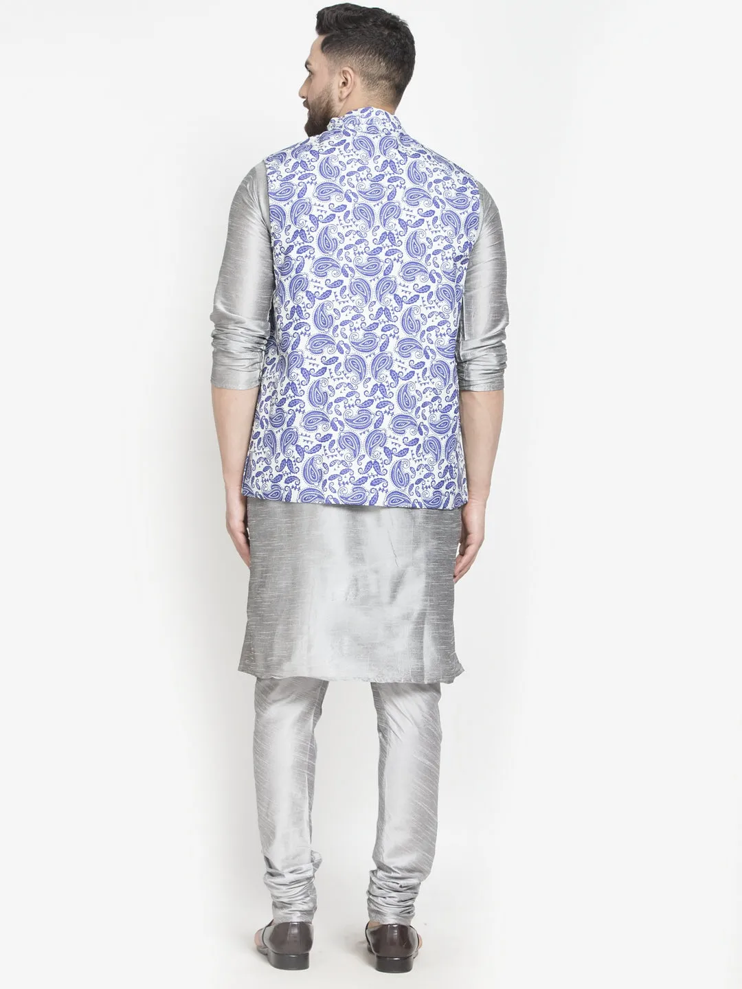 Men's Silk Blend Grey Kurta With Pyjama & Blue Printed Nehru Jacket - Benstoke