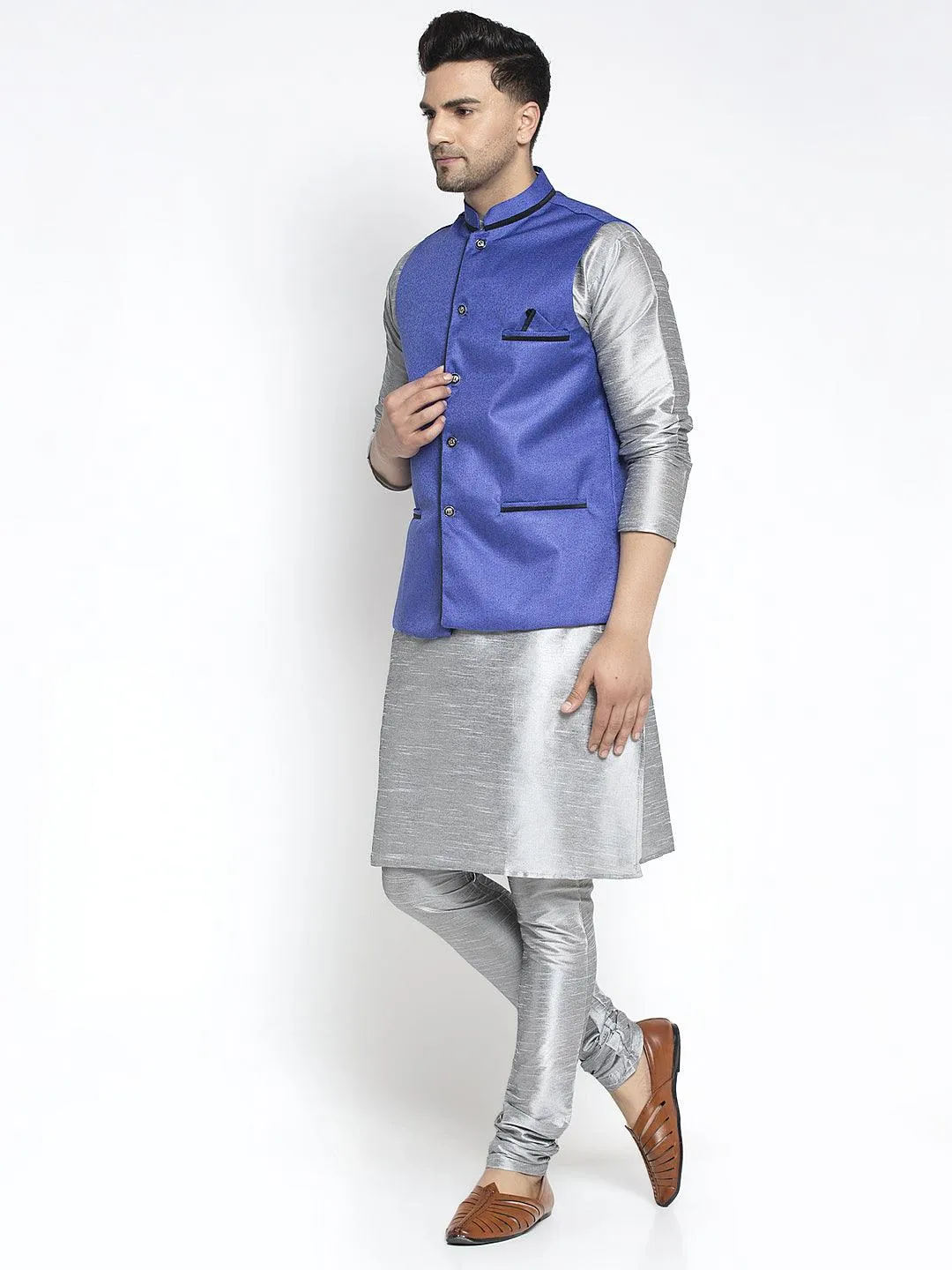 Men's Silk Blend Grey Kurta With Pyjama & Royal Blue Nehru Jacket - Benstoke