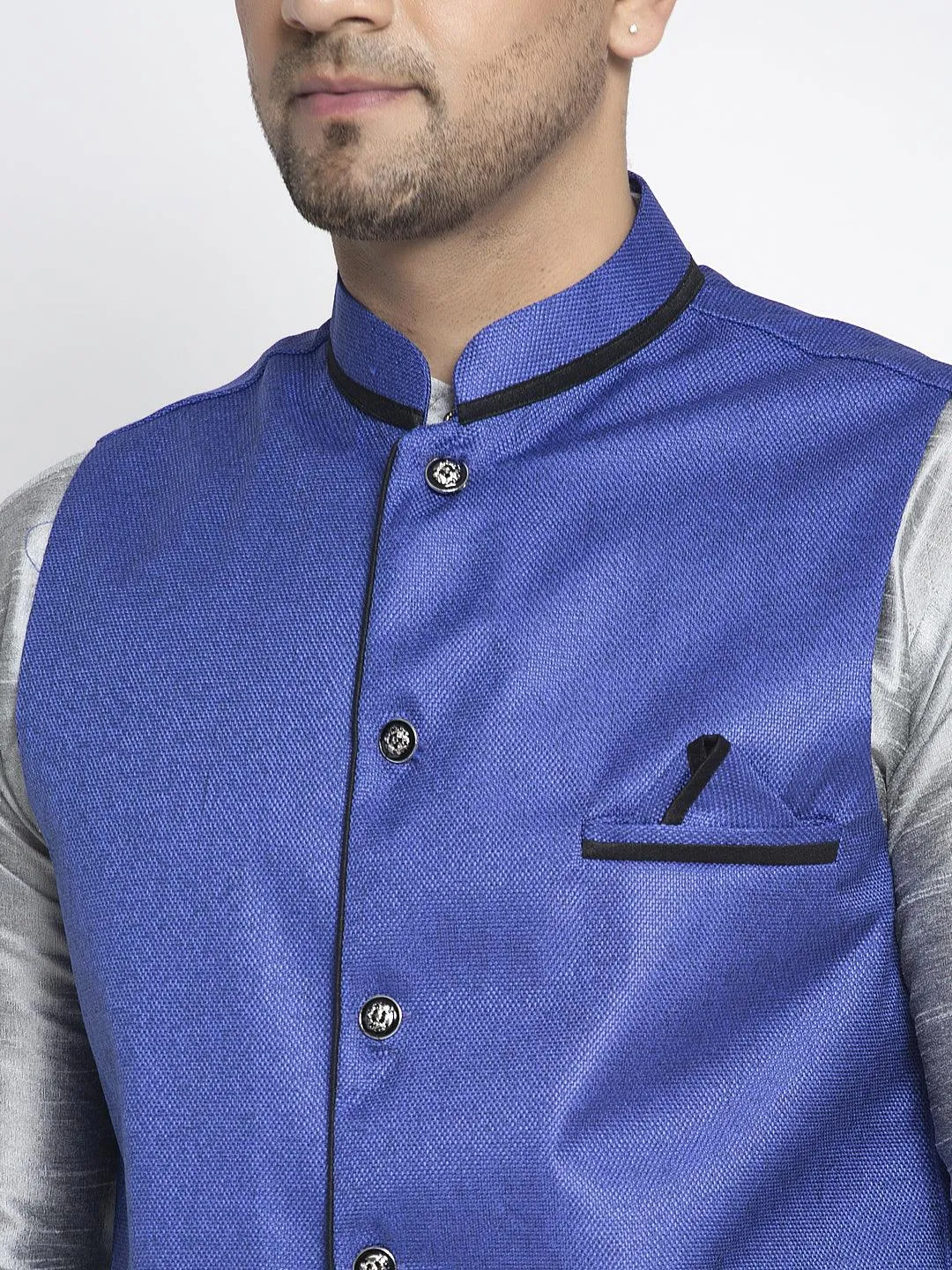 Men's Silk Blend Grey Kurta With Pyjama & Royal Blue Nehru Jacket - Benstoke