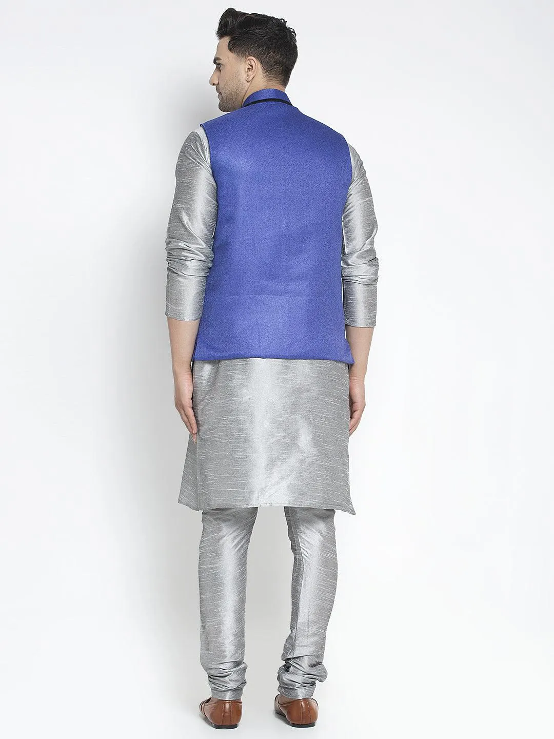 Men's Silk Blend Grey Kurta With Pyjama & Royal Blue Nehru Jacket - Benstoke