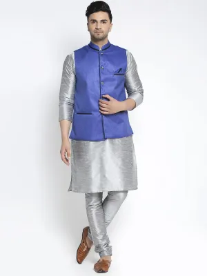 Men's Silk Blend Grey Kurta With Pyjama & Royal Blue Nehru Jacket - Benstoke