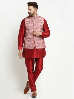 Men's Silk Blend Maroon Kurta With Pyjama & Pink Printed Nehru Jacket - Benstoke