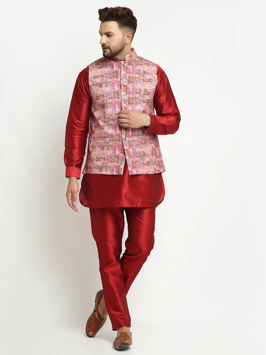 Men's Silk Blend Maroon Kurta With Pyjama & Pink Printed Nehru Jacket - Benstoke