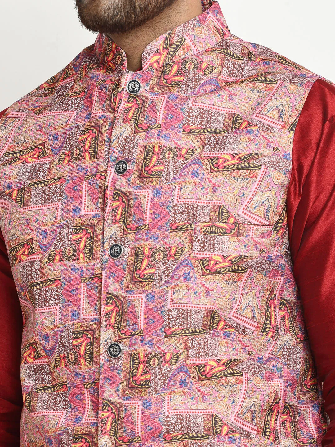 Men's Silk Blend Maroon Kurta With Pyjama & Pink Printed Nehru Jacket - Benstoke