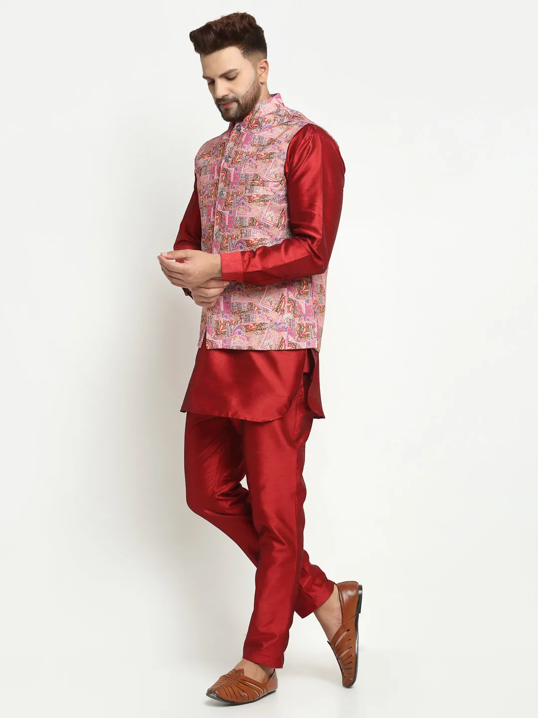 Men's Silk Blend Maroon Kurta With Pyjama & Pink Printed Nehru Jacket - Benstoke