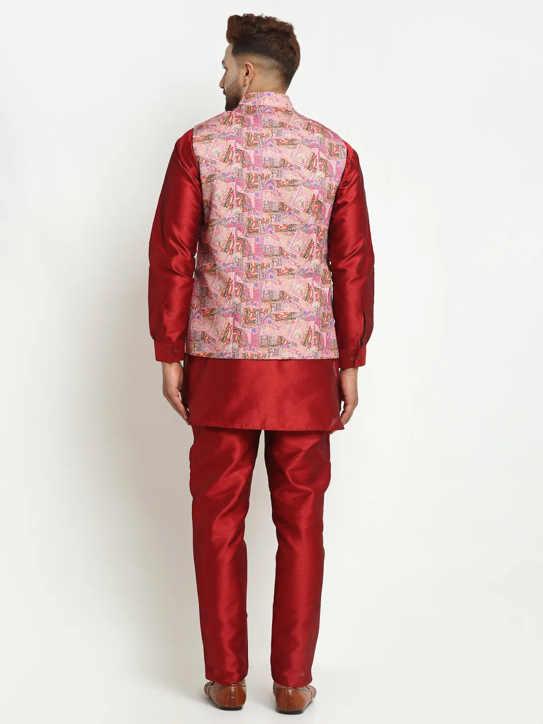 Men's Silk Blend Maroon Kurta With Pyjama & Pink Printed Nehru Jacket - Benstoke